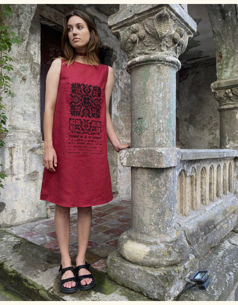 Falling star red linen dress – Ukrainian embroidered dress for women