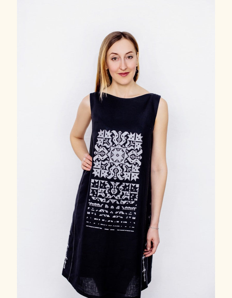 Falling star black linen dress – authentic Ukrainian embroidered dress