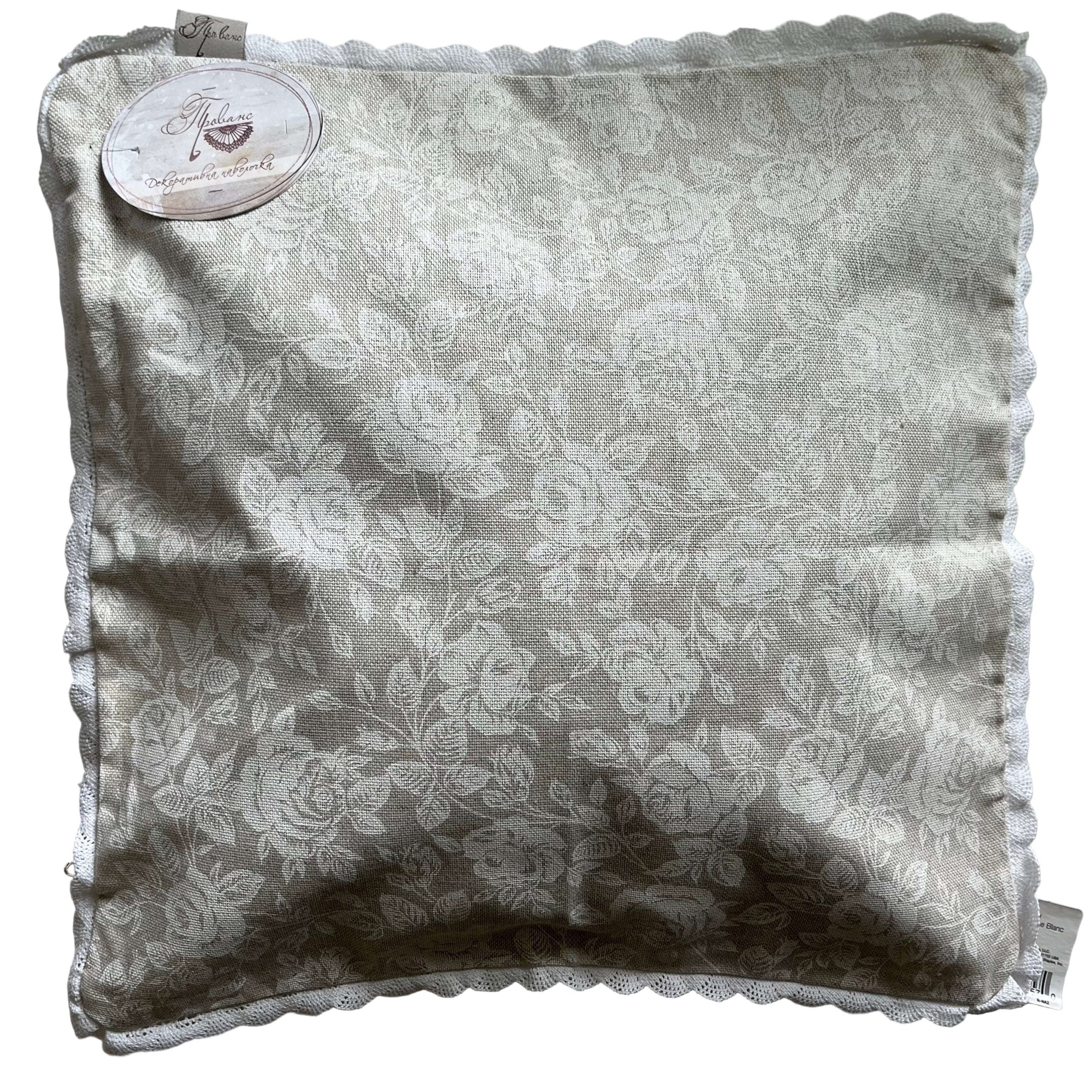 White Rose Fusion decorative sofa cover with lace – Ukrainian linen 40x40 cm
