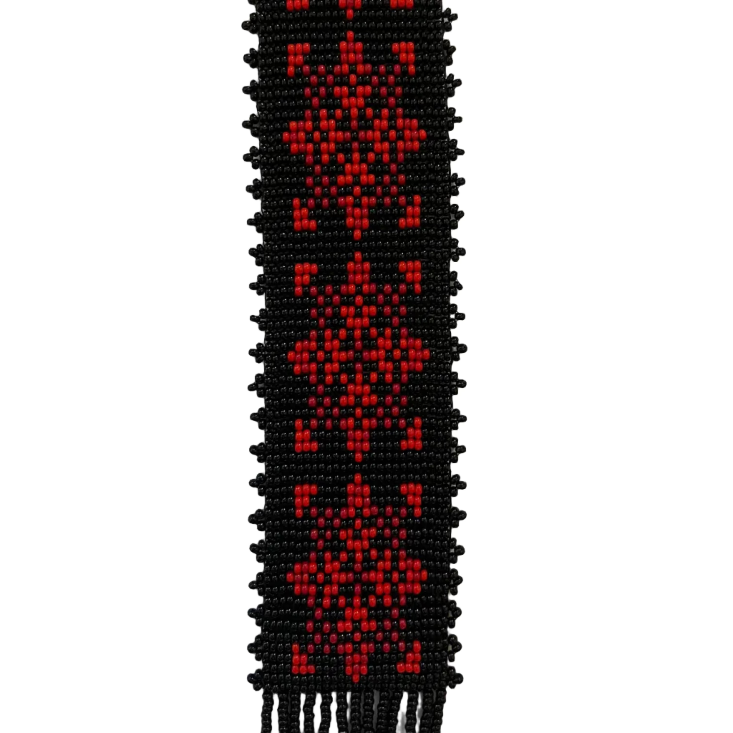 Close-up of Olena name encoded in Ukrainian gerdan beadwork ornament black and red