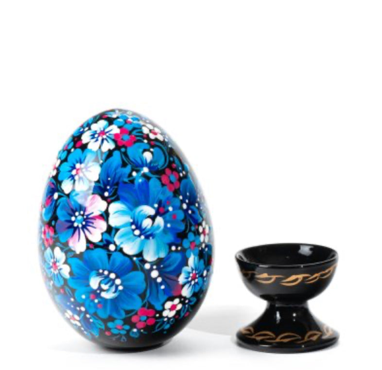 Hand-Painted Wooden Pisanka “Blue Bloom” – Traditional Ukrainian Easter Egg 87 mm