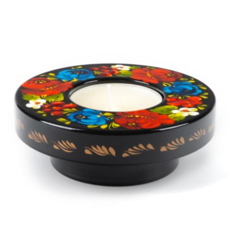 “Poppies” hand-painted candle holder features vibrant Petrykivka poppies