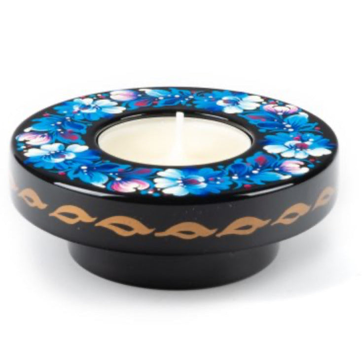 Blue Bloom Ukrainian candle holder hand painted Petrykivka art