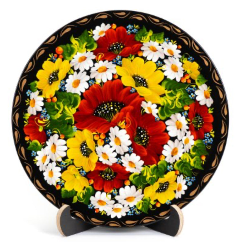 Hand-Painted Wooden Plate – “Daisies & Poppies” Design, Petrykivka Style (23 cm)