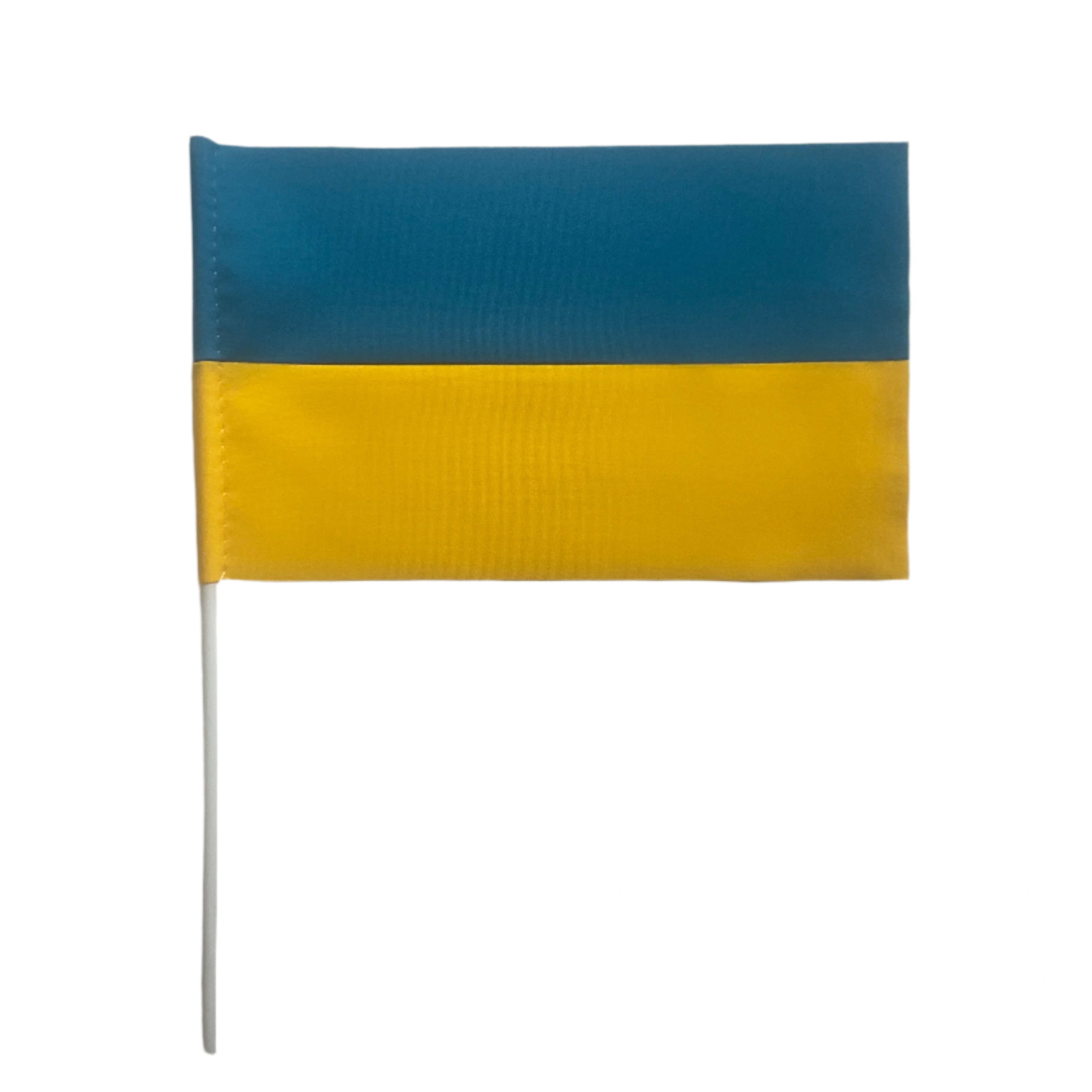 Handheld Ukrainian flag – 14x24 cm blue and yellow gabardine flag on plastic stick, made in Ukraine
