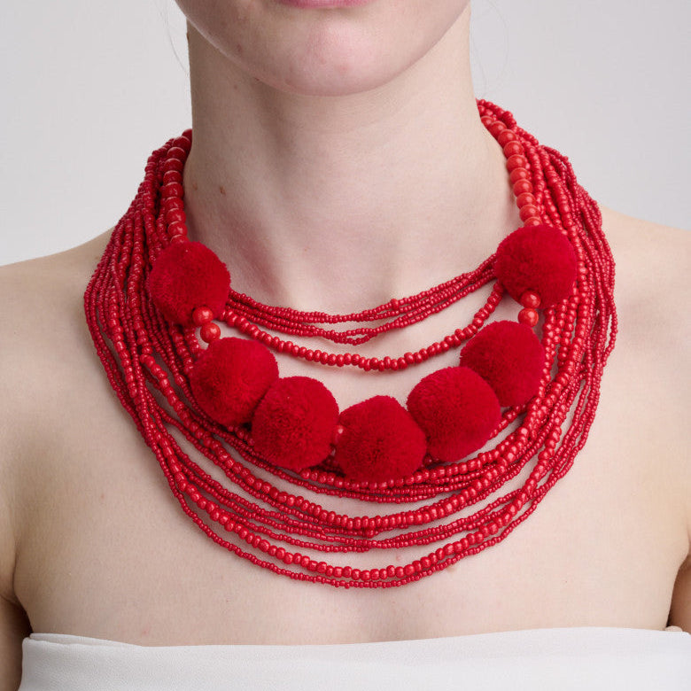 Red Multi-Layered Beaded Necklace with Tassels — Handmade Ukrainian Statement Piece