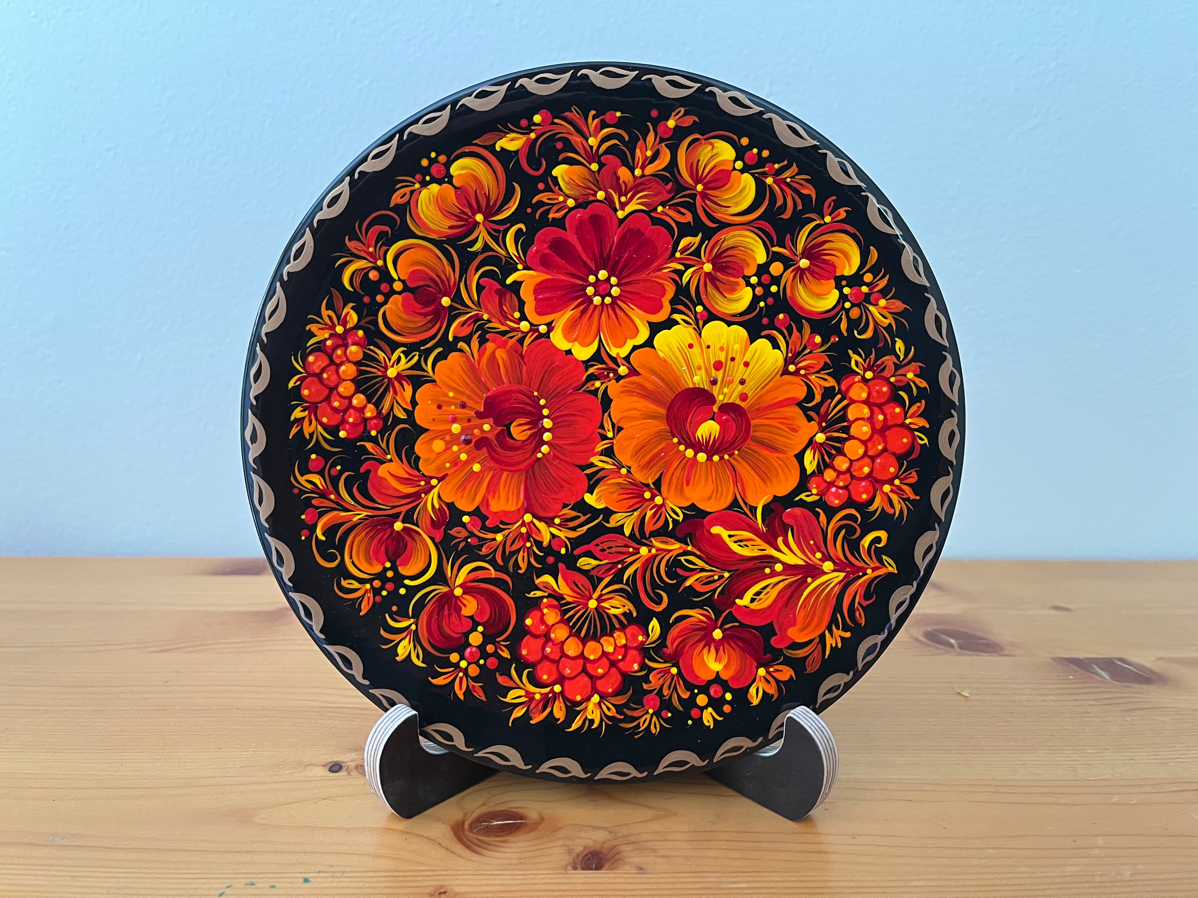 Authentic Petrykivka decorative plate with Fire Blossoms handmade in Ukraine