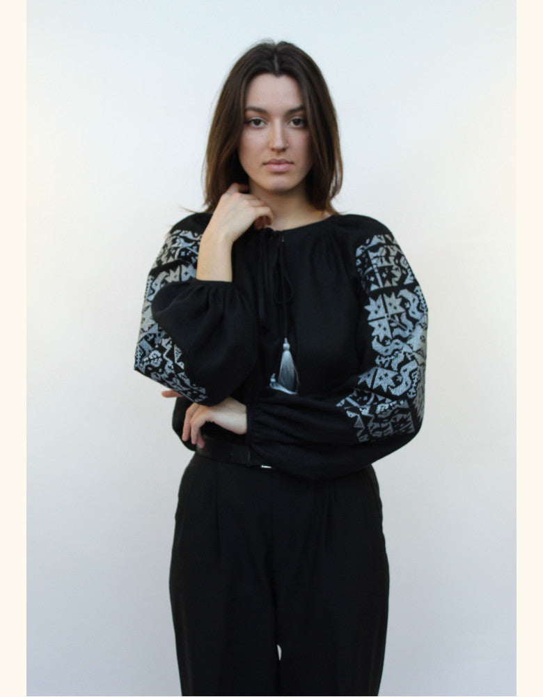 Women's black linen embroidered blouse with traditional Ukrainian silver embroidery