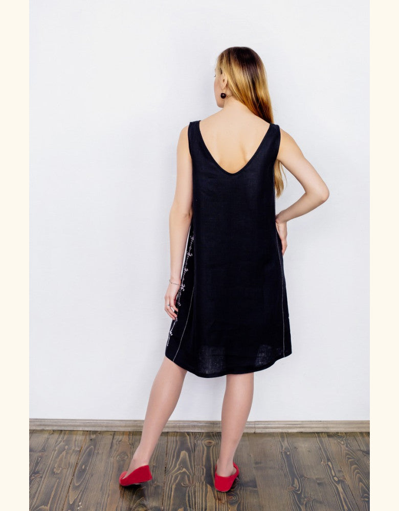 Women's black linen dress with silver Ukrainian star embroidery
