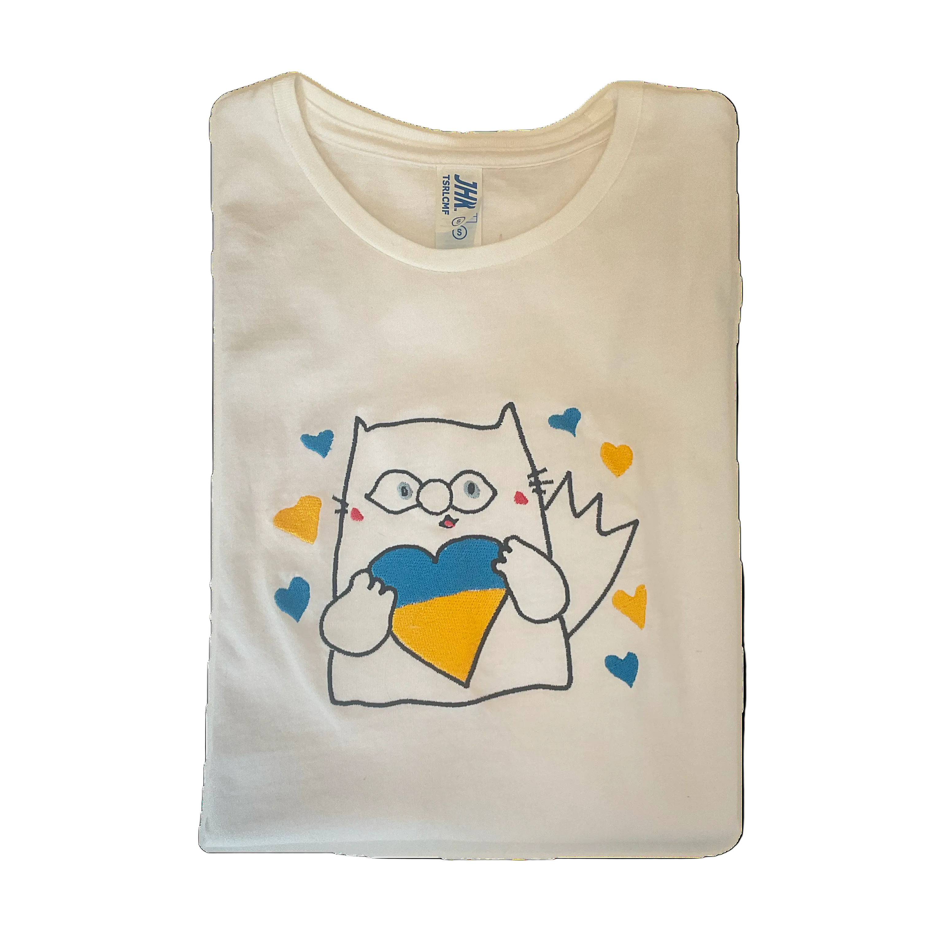 Cute embroidered Ukrainian cat T-shirt featuring a heart in the colors of the Ukrainian flag