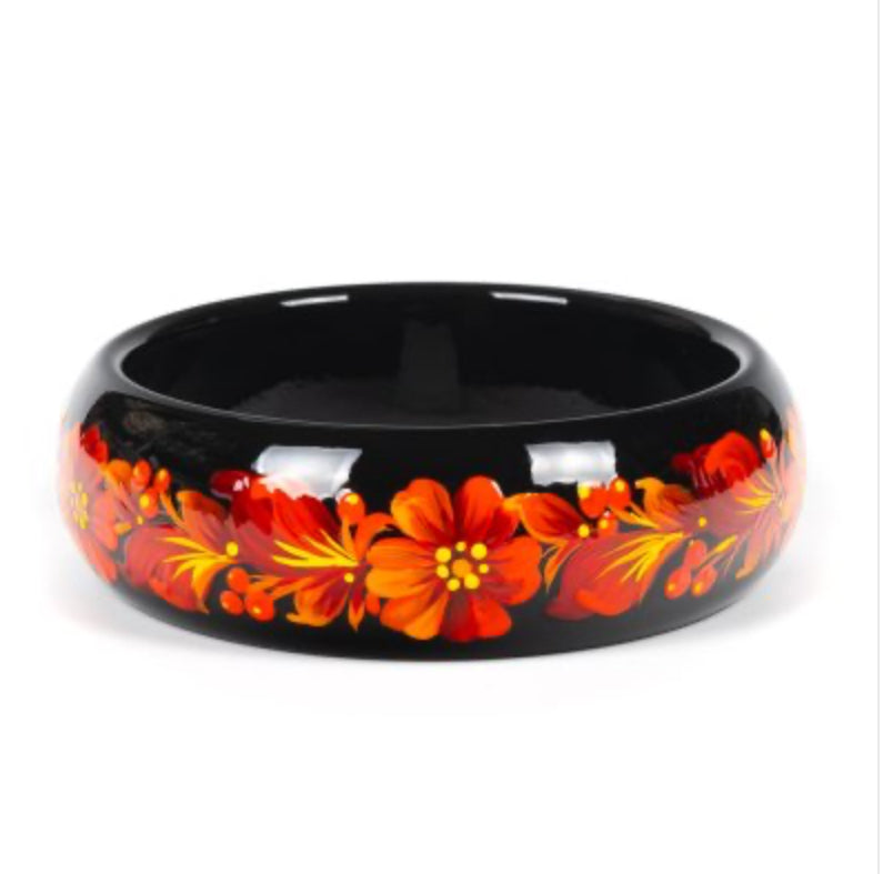 Fire Blossom hand-painted wooden bracelet featuring traditional Ukrainian Petrykivka floral art