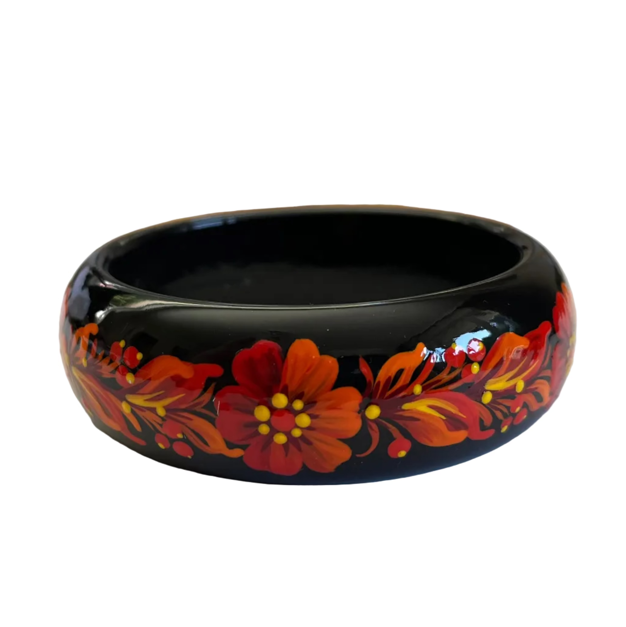 Authentic Petrykivka bracelet with vibrant red floral design handcrafted in Ukraine