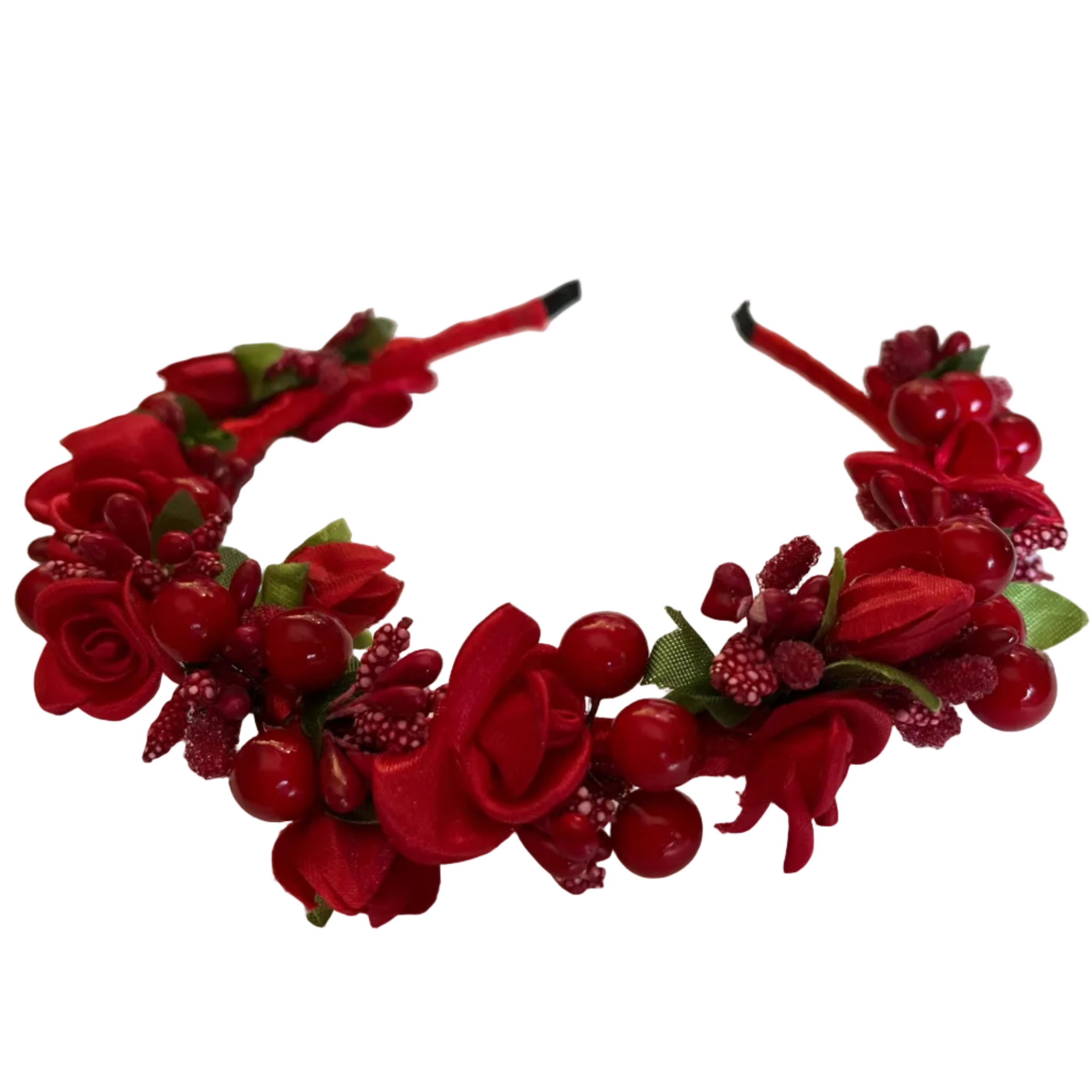 Handmade double row red headband crafted in Ukraine with elegant floral design