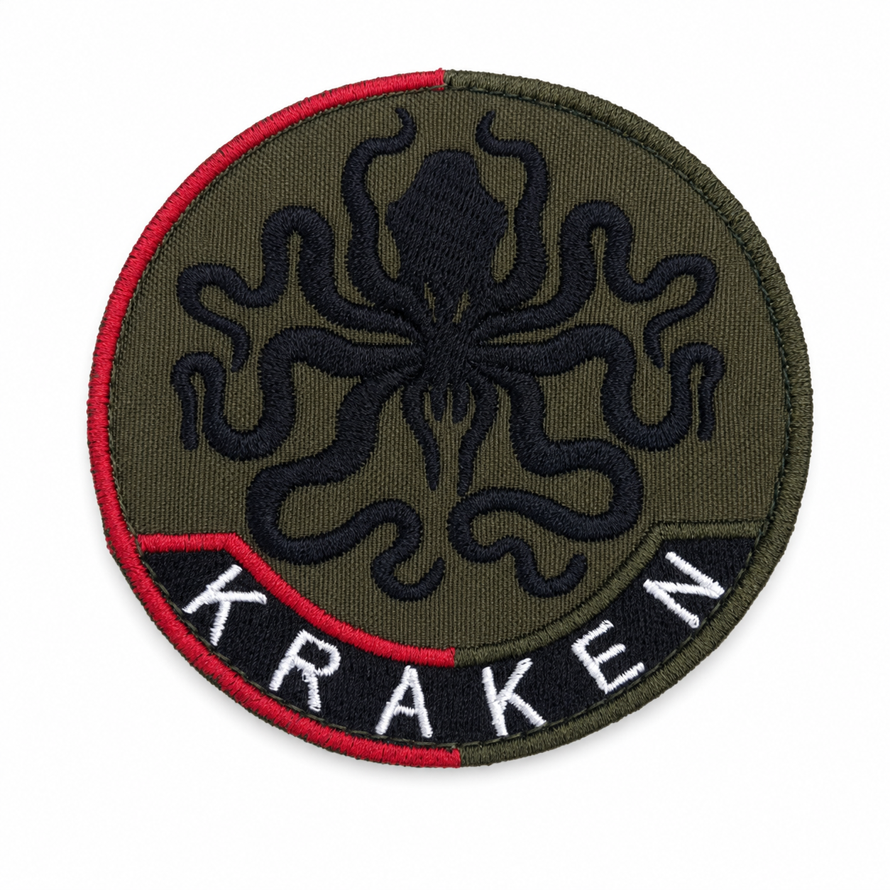 Front view of the olive Ukrainian Kraken embroidered patch with black octopus