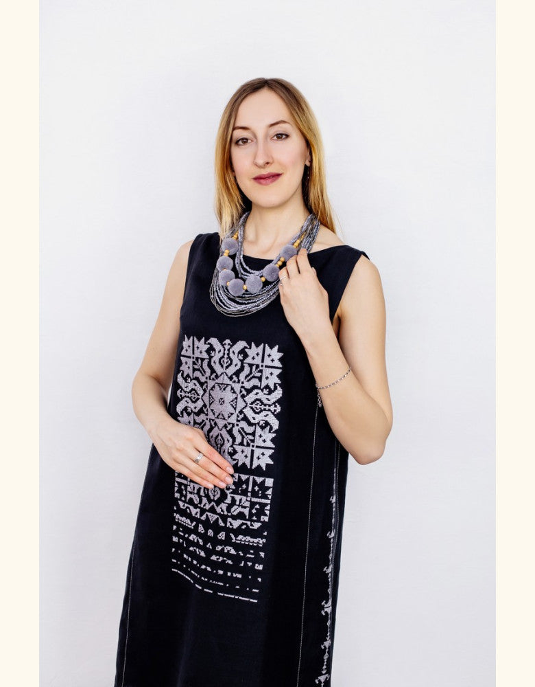 Premium black linen embroidered dress proudly made in Ukraine