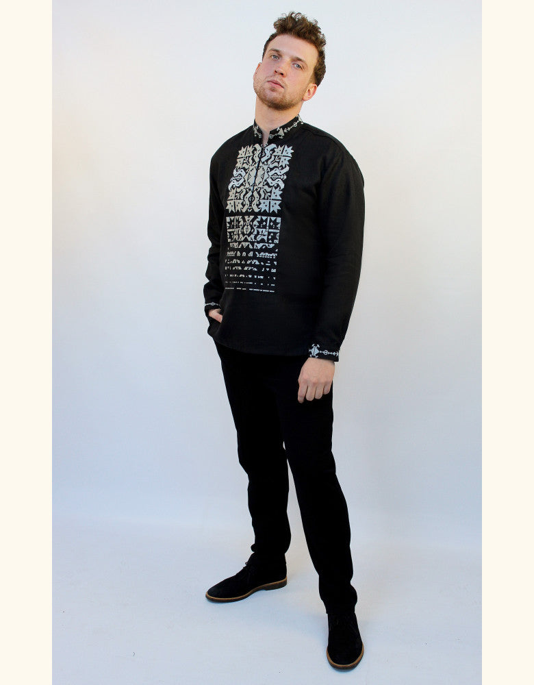Luxury black linen men's vyshyvanka proudly made in Ukraine