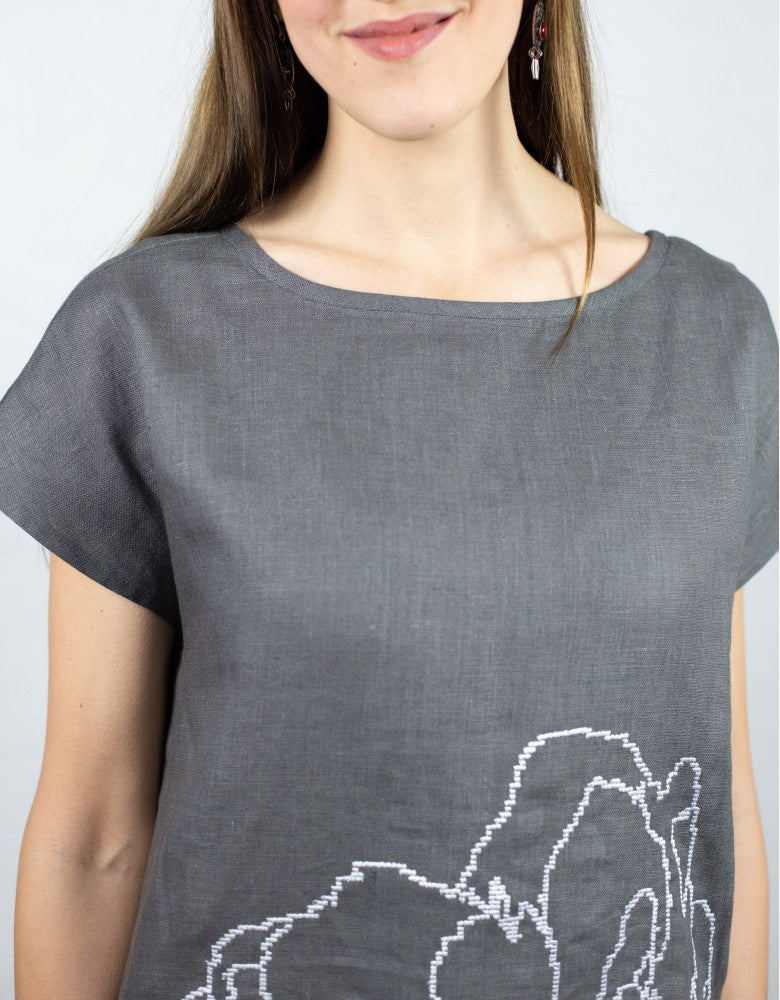 Contemporary floral linen dress proudly made in Ukraine with traditional embroidery inspiration