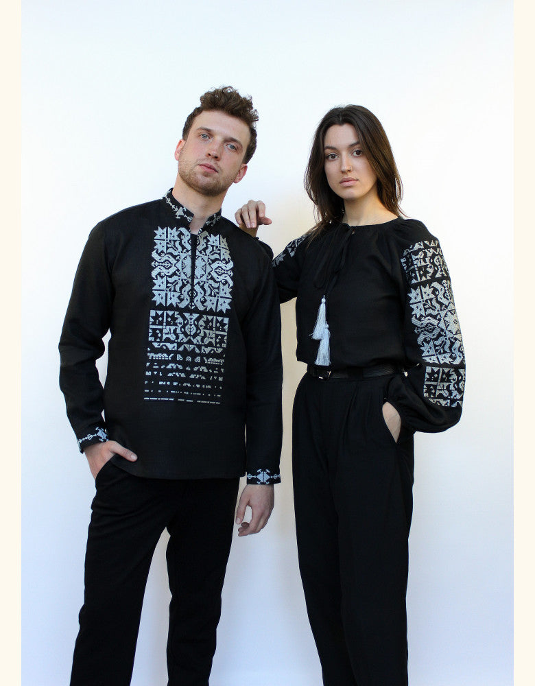 Matching men's and women's Ukrainian embroidered shirts for couples