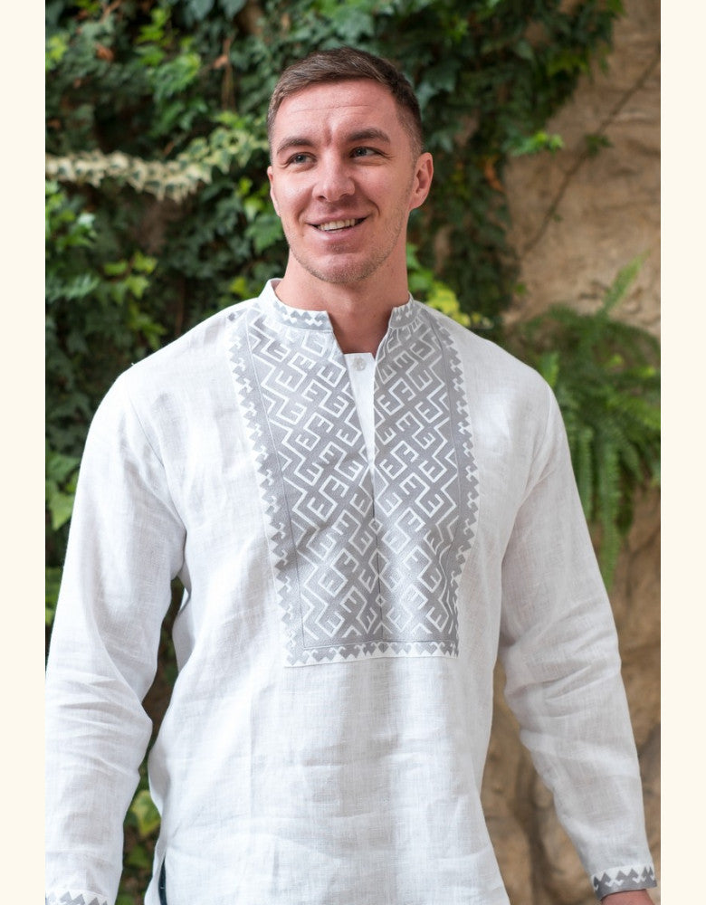 Men's white linen Ukrainian embroidered shirt inspired by Podillya traditions