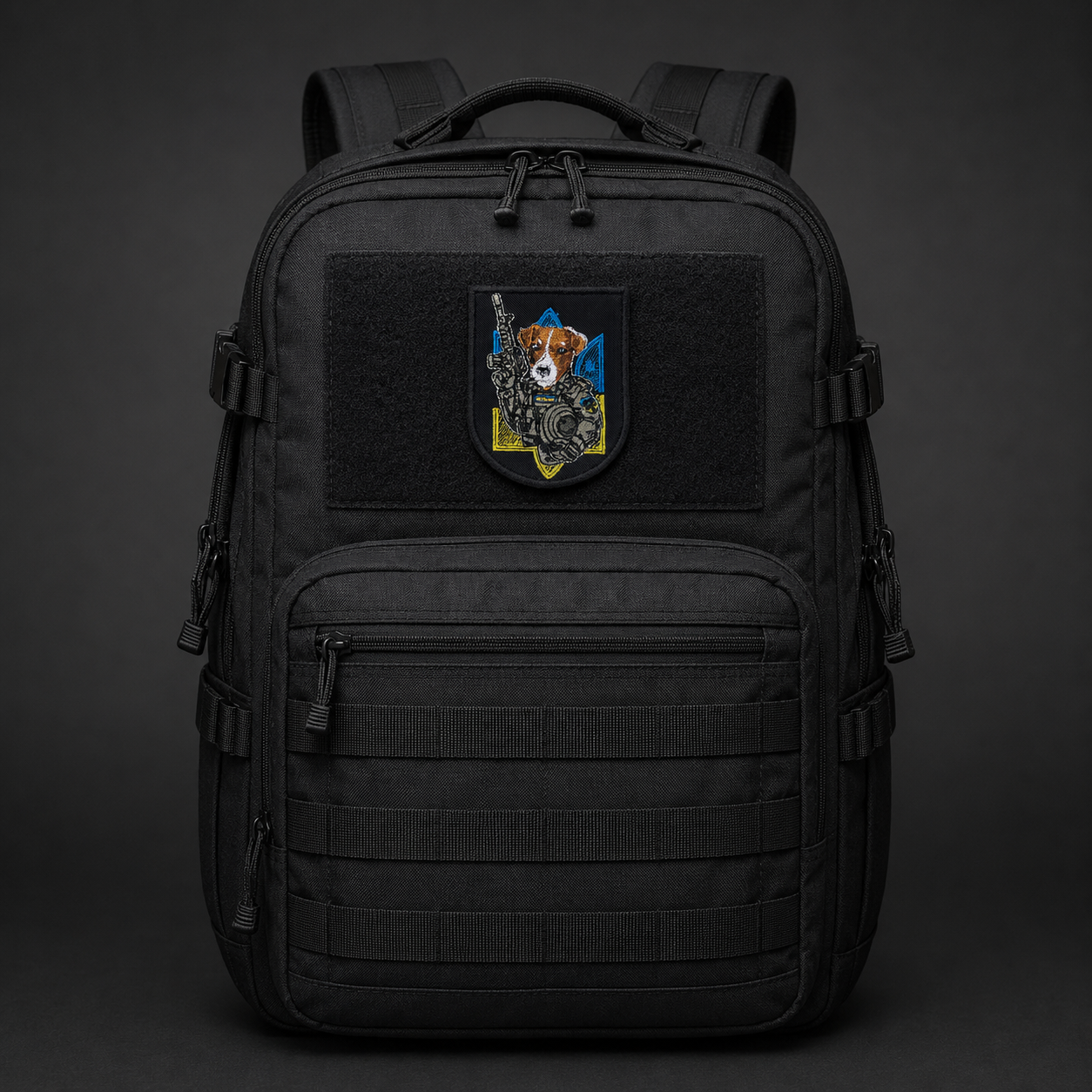 Patron the Dog Ukrainian patch centred on a black tactical backpack