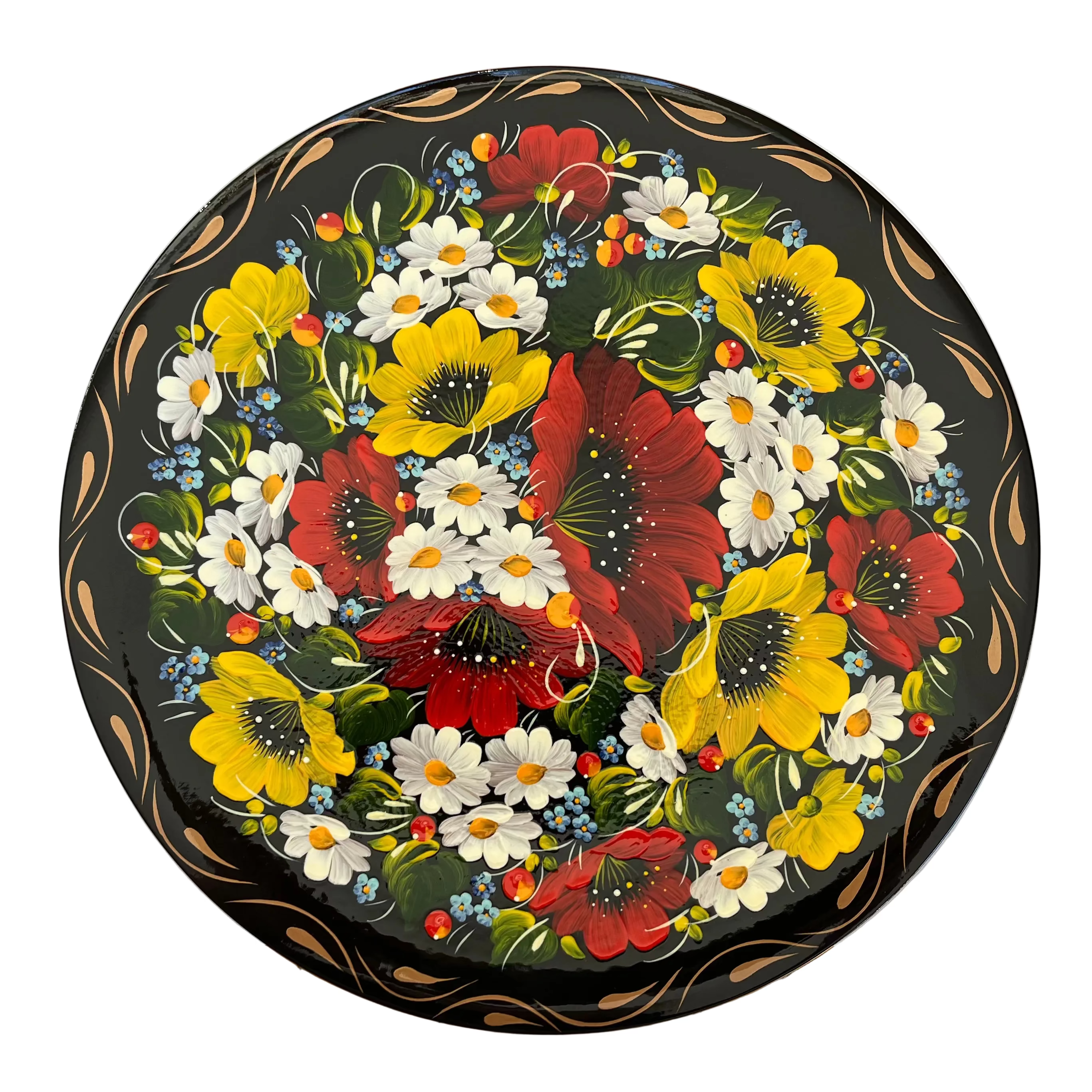 Hand-painted Petrykivka decorative plate with red poppies, white daisies, and yellow flowers – authentic Ukrainian folk art handmade in Ukraine