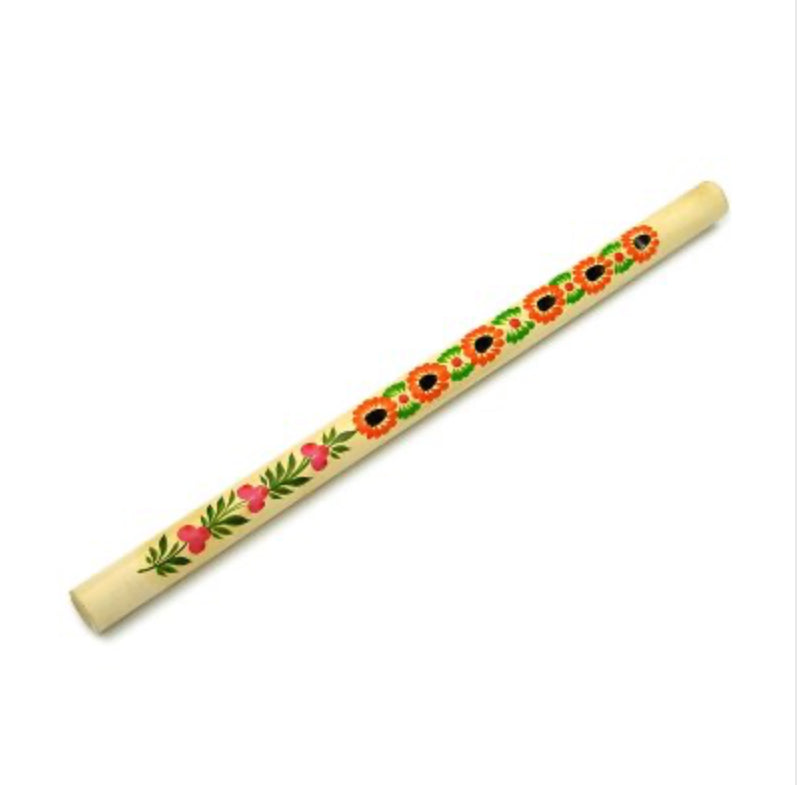 Traditional Ukrainian wooden flute with hand-painted Petrykivka floral artwork
