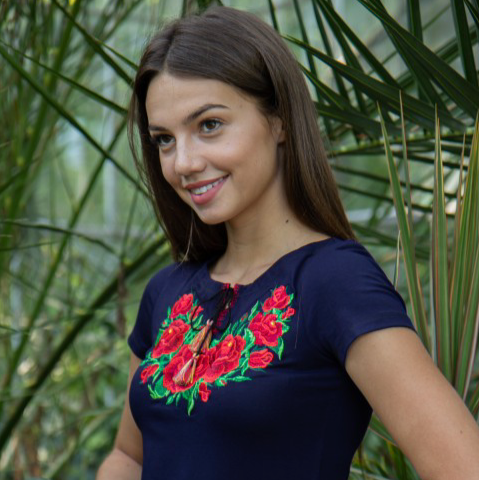 Woman wearing Solomiya embroidered vyshyvanka T-shirt made in Ukraine