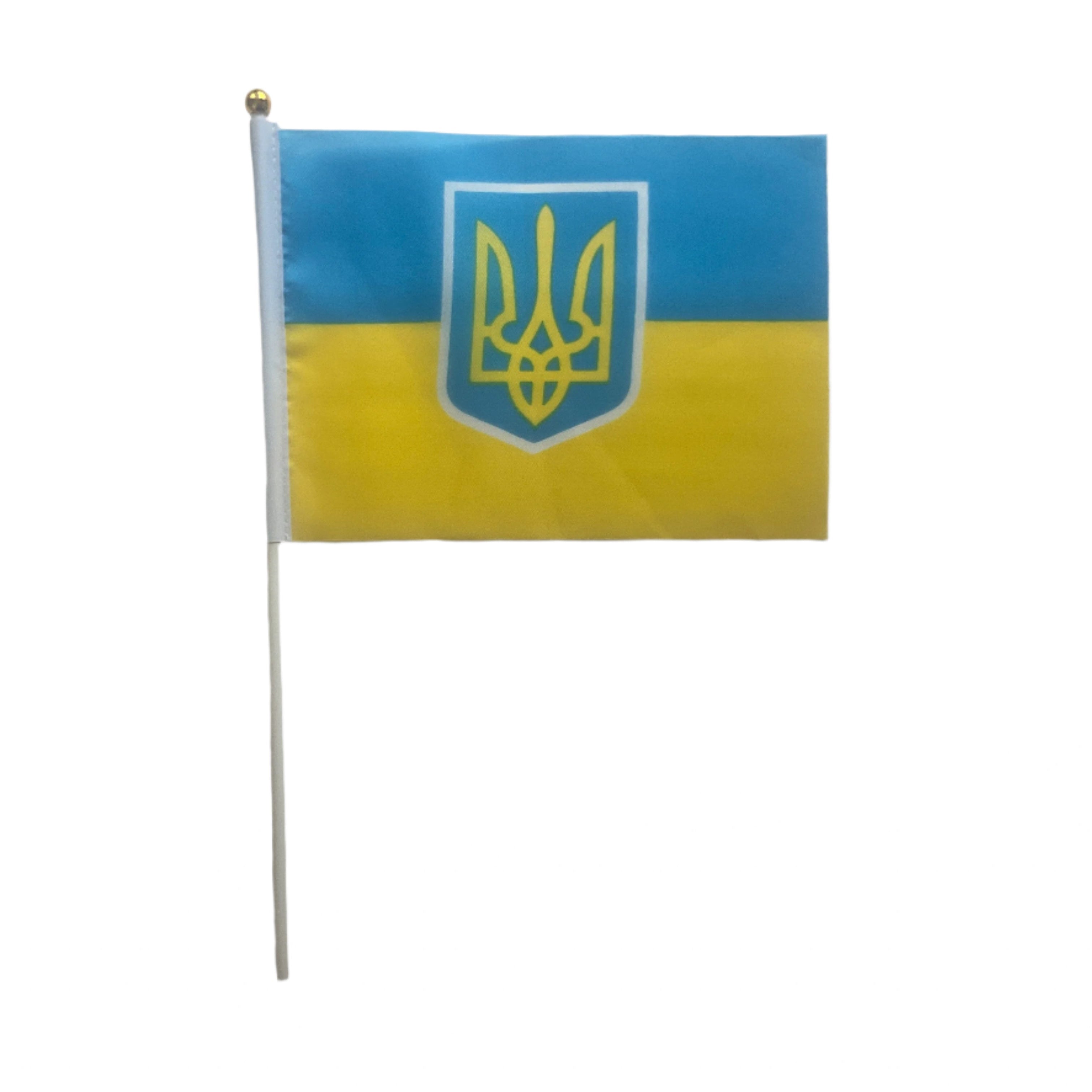 Small handheld Ukrainian flag on plastic stick with Ukrainian Tryzub symbol