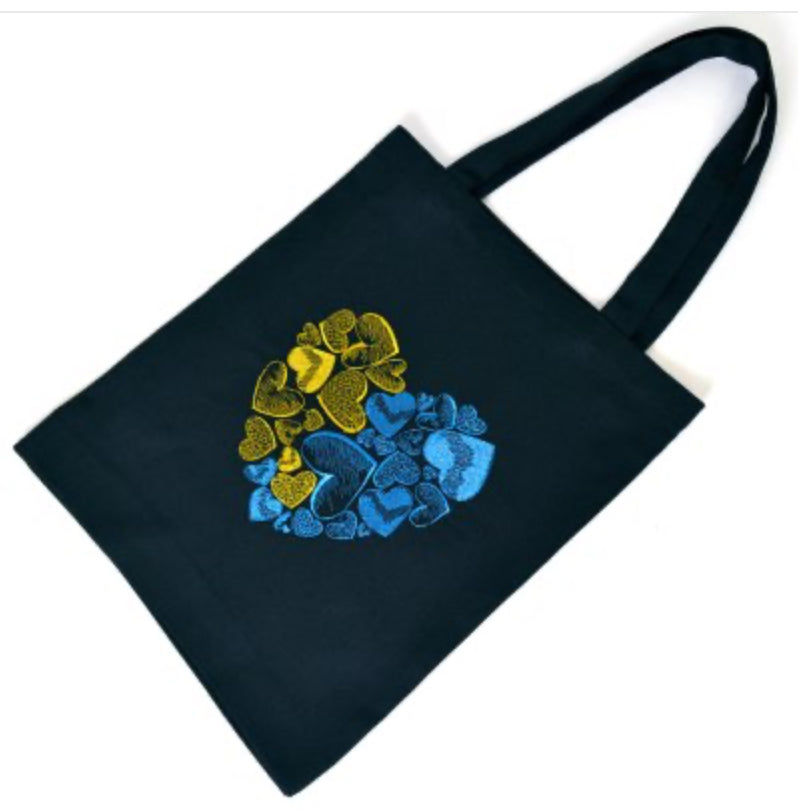 Ukraine in My Heart eco-friendly tote bag with embroidered blue and yellow heart, made in Ukraine