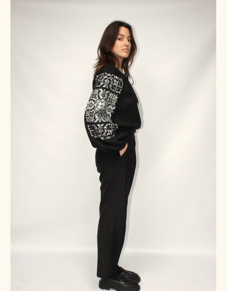 Elegant black Ukrainian linen vyshyvanka with geometric silver embroidery