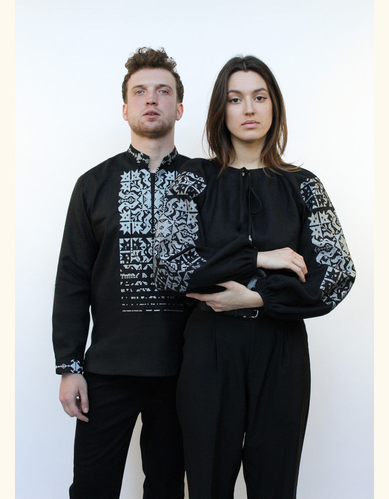 Man and woman wearing authentic Ukrainian linen vyshyvankas made in Ukraine