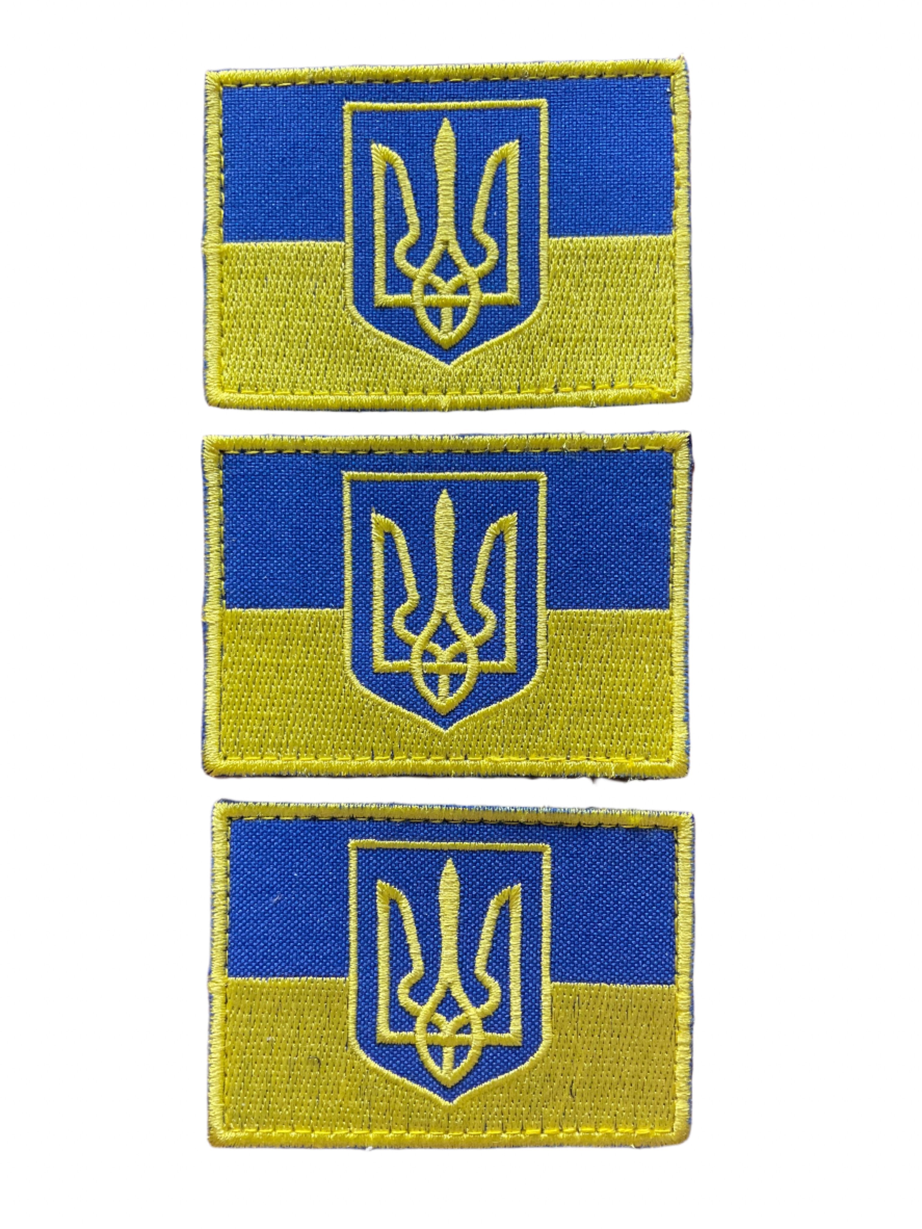 Set of three Ukrainian flag and Tryzub embroidered Velcro patches made in Ukraine