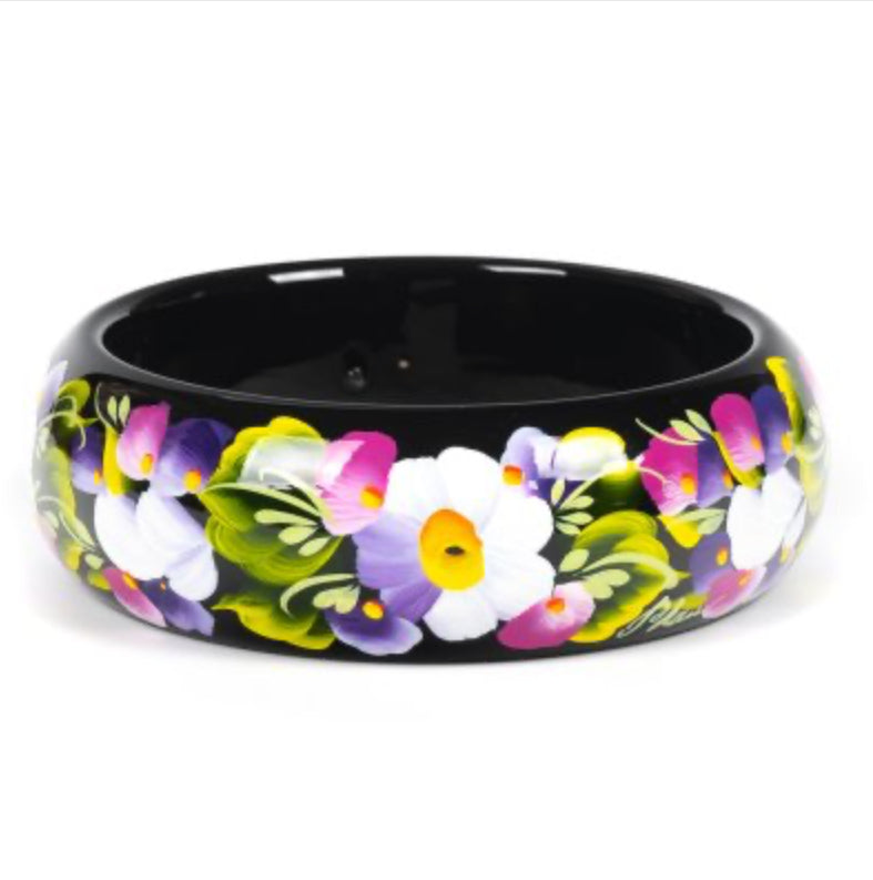 Authentic Ukrainian Petrykivka wooden bracelet with delicate floral folk art