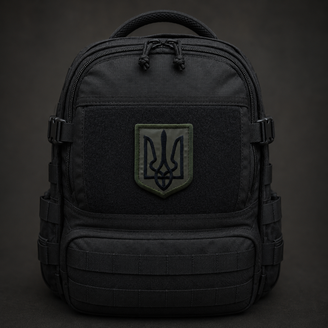 Ukrainian Tryzub patch centred on a black tactical backpack