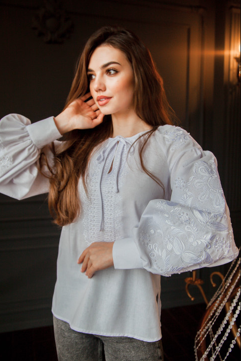 White boho embroidered Ukrainian shirt with elegant floral embroidery