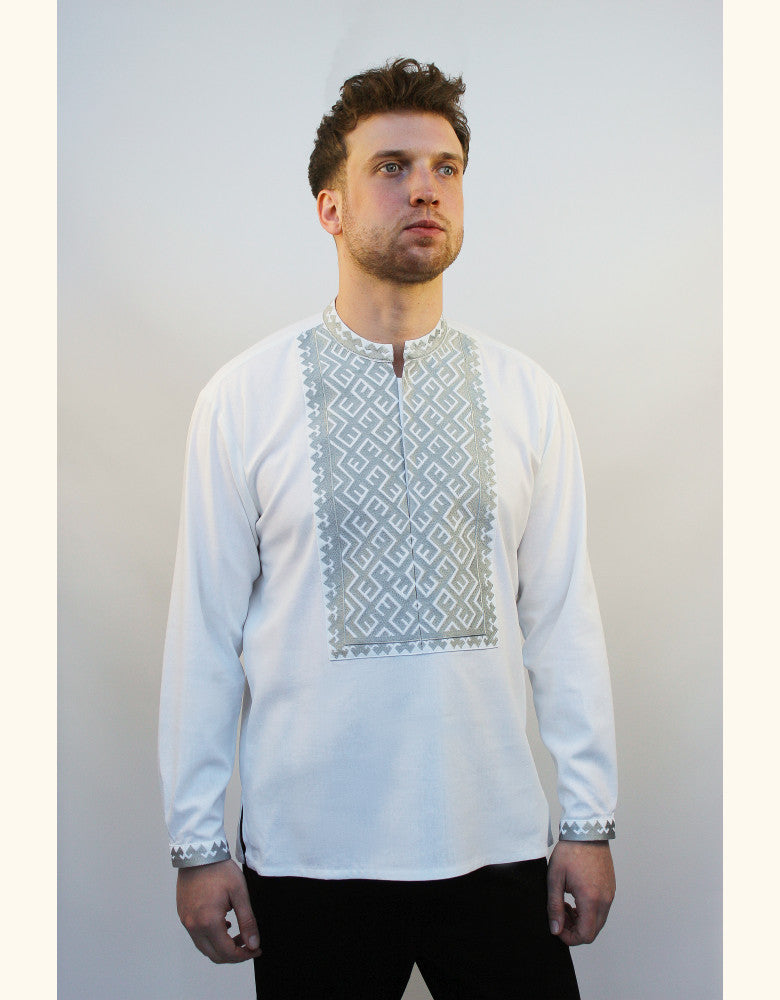 Classic white Ukrainian embroidered linen shirt with stand-up collar