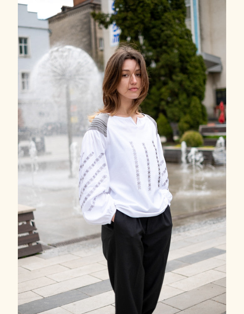 Women's white linen Ukrainian embroidered blouse with elegant grey embroidery