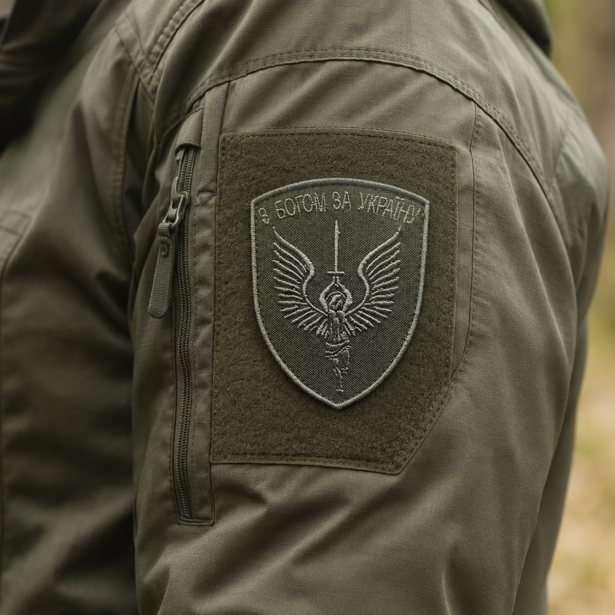 With God for Ukraine guardian angel patch attached to an olive field jacket