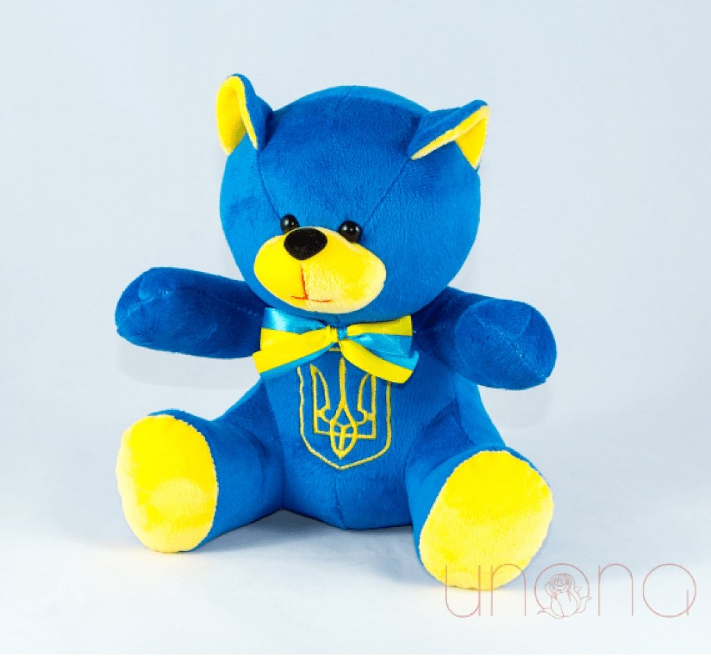 Blue Myroslav plush bear from Ukraine – perfect for charity auction