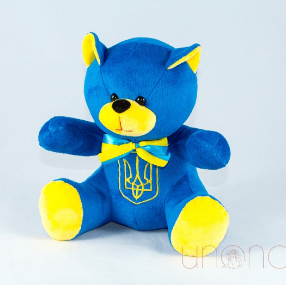 Blue Myroslav plush bear from Ukraine β perfect for charity auction