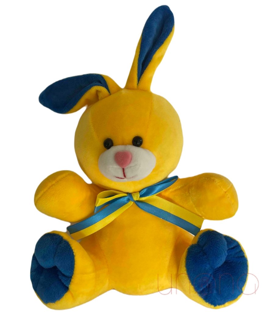 Dobrolyk patriotic plush bunny in Ukrainian yellow and blue – 10-inch toy
