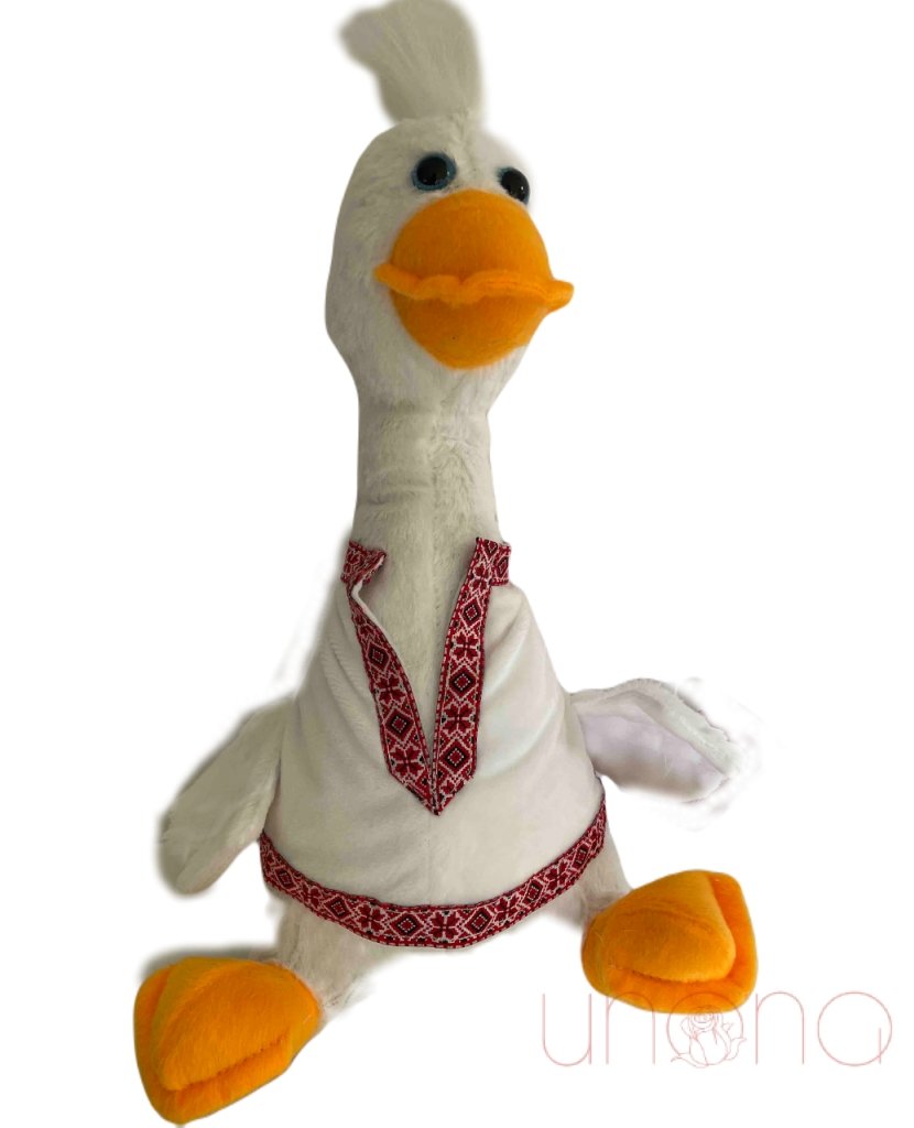 Ukrainian plush goose wearing a traditional embroidered vyshyvanka handmade in Ukraine