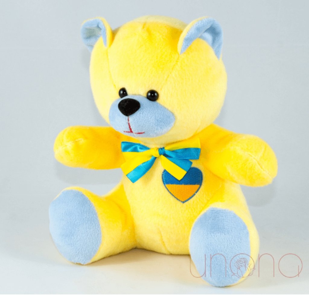 Yellow Ukrainian teddy bear with blue ribbon and embroidered flag heart made in Ukraine