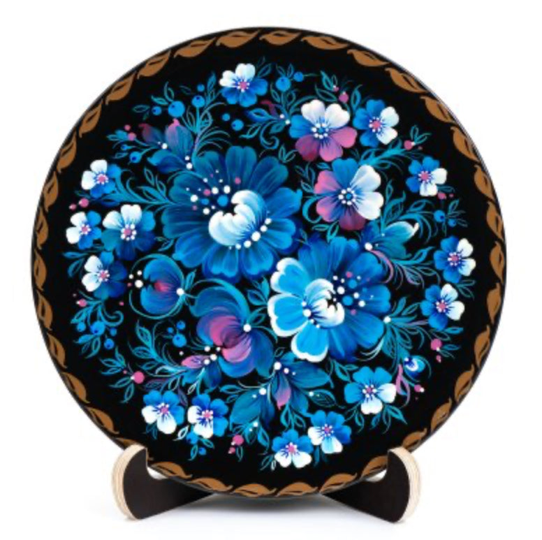 buy Ukrainian decorative plate blue floral Petrykivka hand painted wooden plate 17 cm