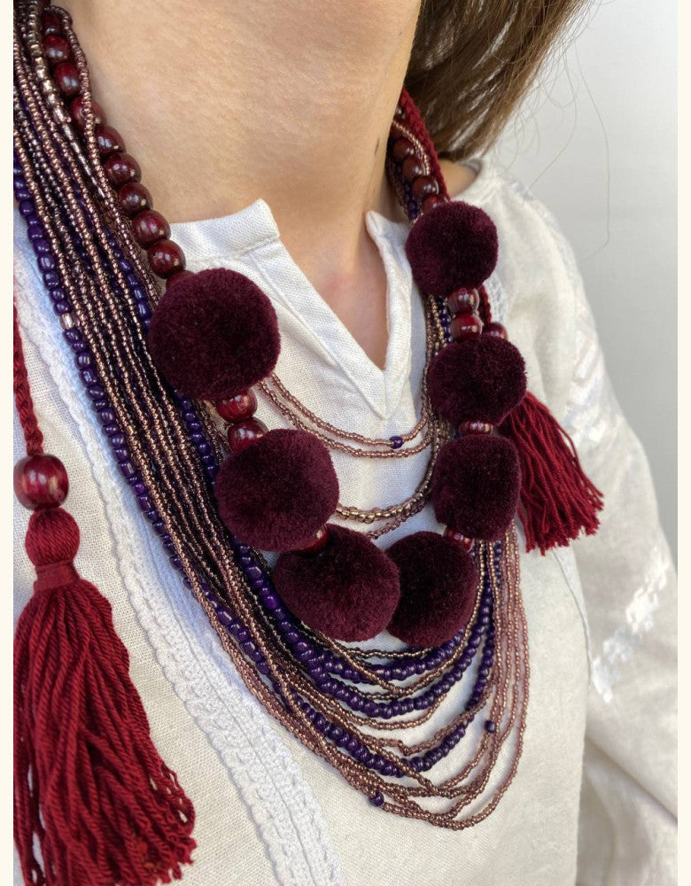 Multi-Layered Beaded Necklace with Tassels - Burgundy Elegance