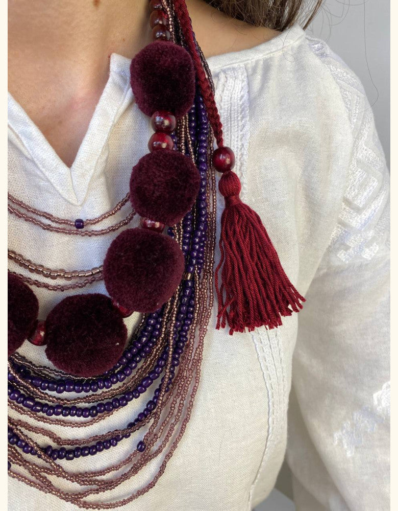 Multi-Layered Beaded Necklace with Tassels - Burgundy Elegance