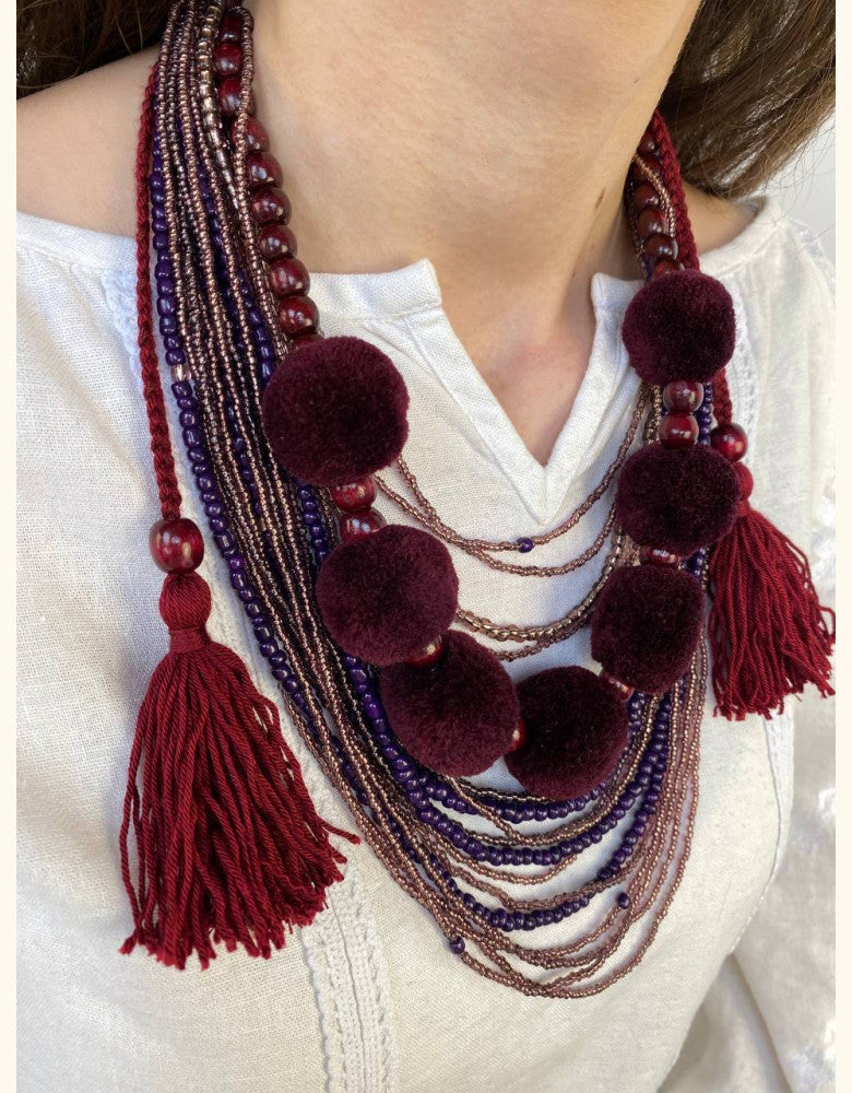 Multi-Layered Beaded Necklace with Tassels - Burgundy Elegance