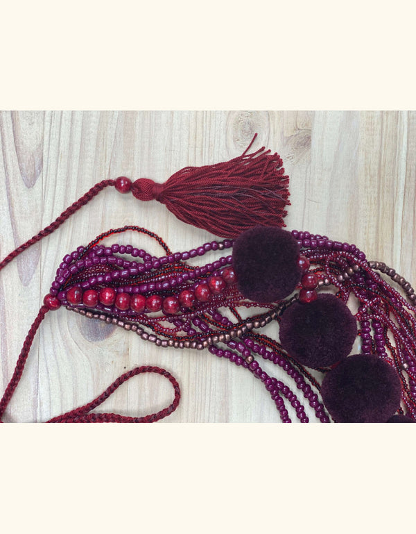 Multi-Layered Beaded Necklace with Tassels - Burgundy Elegance