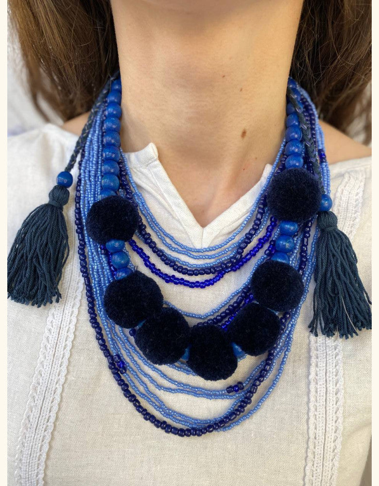 Multi-Layered Beaded Necklace with Tassels - Blue Beauty