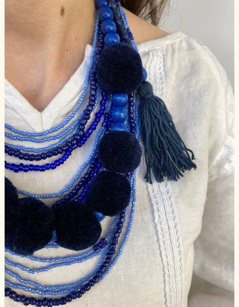 Multi-Layered Beaded Necklace with Tassels - Blue Beauty